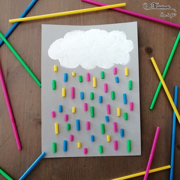 Activité créative enfants - Nuage peint avec un bouchon et pluie multicolore avec des pailles collées - technique de peinture - Météo et ciel - Arts visuels - maternelle - mslf