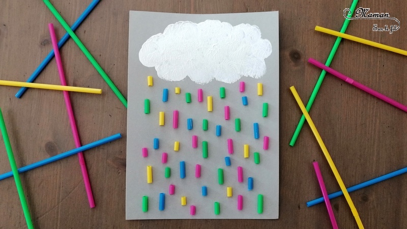 Activité créative enfants - Nuage peint avec un bouchon et pluie multicolore avec des pailles collées - technique de peinture - Météo et ciel - Arts visuels - maternelle - mslf
