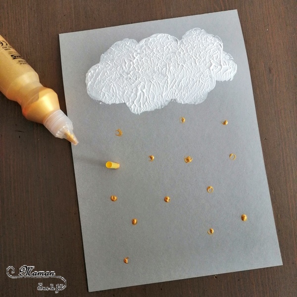 Activité créative enfants - Nuage et pluie multicolore peint avec un bouchon et des pailles - technique de peinture - Météo et ciel - Arts visuels - maternelle - mslf