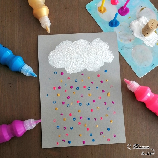 Activité créative enfants - Nuage et pluie multicolore peint avec un bouchon et des pailles - technique de peinture - Météo et ciel - Arts visuels - maternelle - mslf