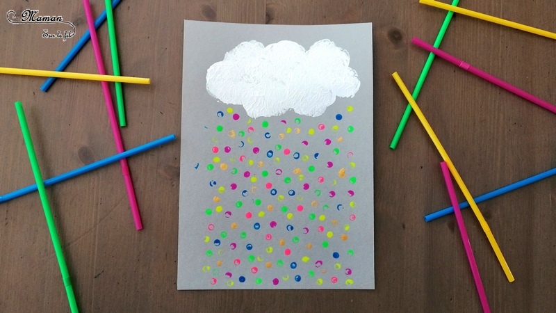 Activité créative enfants - Nuage et pluie multicolore peint avec un bouchon et des pailles - technique de peinture - Météo et ciel - Arts visuels - maternelle - mslf