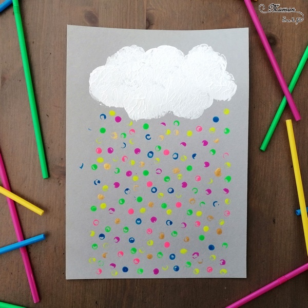 Activité créative enfants - Nuage et pluie multicolore peint avec un bouchon et des pailles - technique de peinture - Météo et ciel - Arts visuels - maternelle - mslf