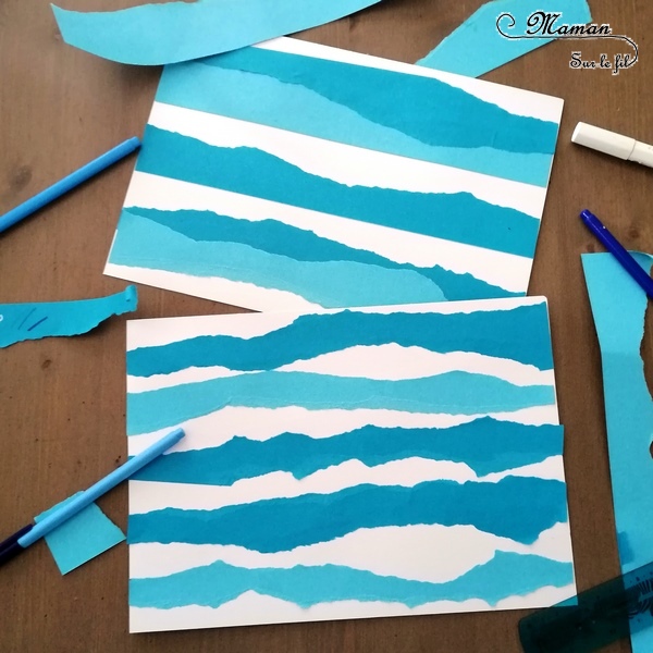 Activité créative enfants - Nuages avec papier déchiré et graphisme - arts visuels maternelle - tableau avec nuances de couleurs Blanc et Bleu - météo et dessin - mslf