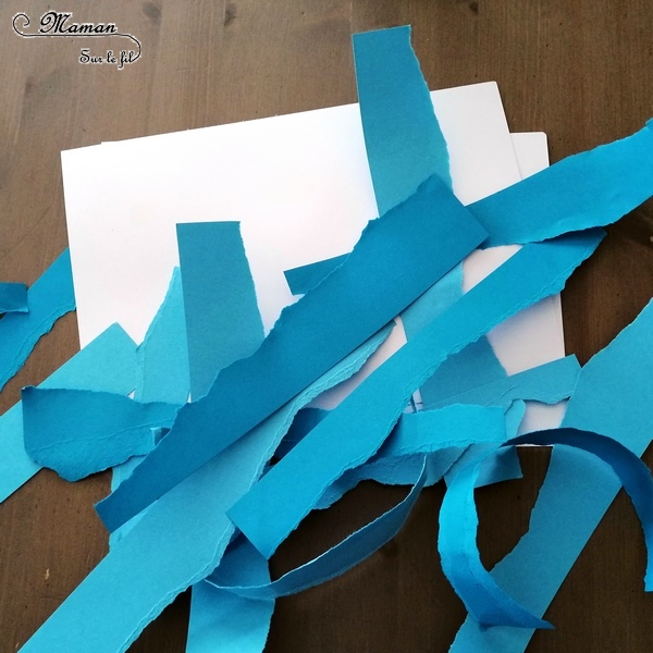 Activité créative enfants - Nuages avec papier déchiré et graphisme - arts visuels maternelle - tableau avec nuances de couleurs Blanc et Bleu - météo et dessin - mslf