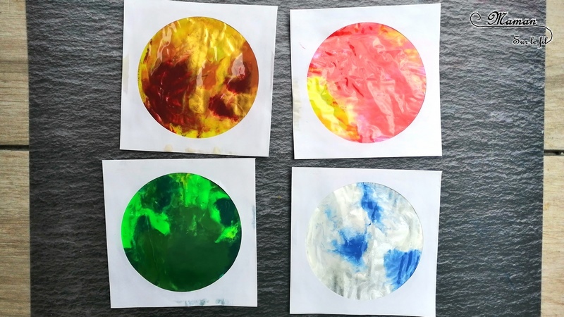 Activité créative enfants - technique de peinture rigolote - 4 saisons dans une pochette à CD - Peinture propre - Couleurs et sensoriel - Arts visuels - printemps, été, hiver, automne - maternelle - mslf