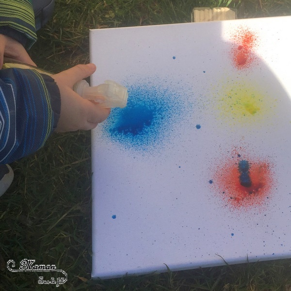 Activité créative extérieure enfants - technique de peinture rigolote - Peinture avec un vaporisateur, peindre avec un spray - Arts visuels - jardin et couleurs - maternelle - mslf