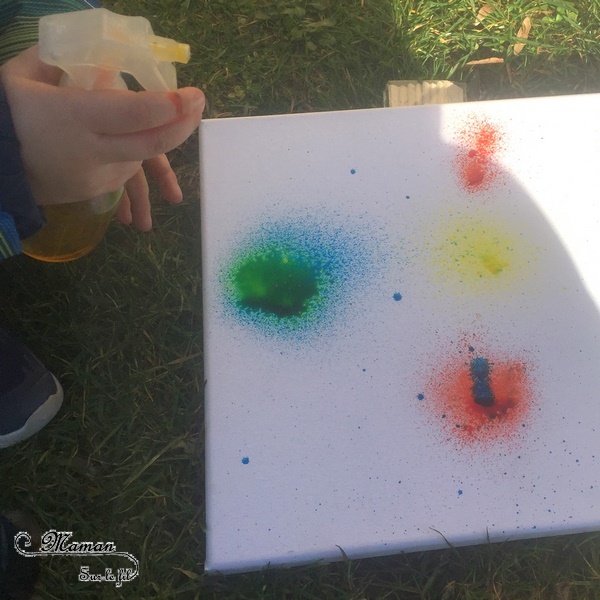 Activité créative extérieure enfants - technique de peinture rigolote - Peinture avec un vaporisateur, peindre avec un spray - Arts visuels - jardin et couleurs - maternelle - mslf