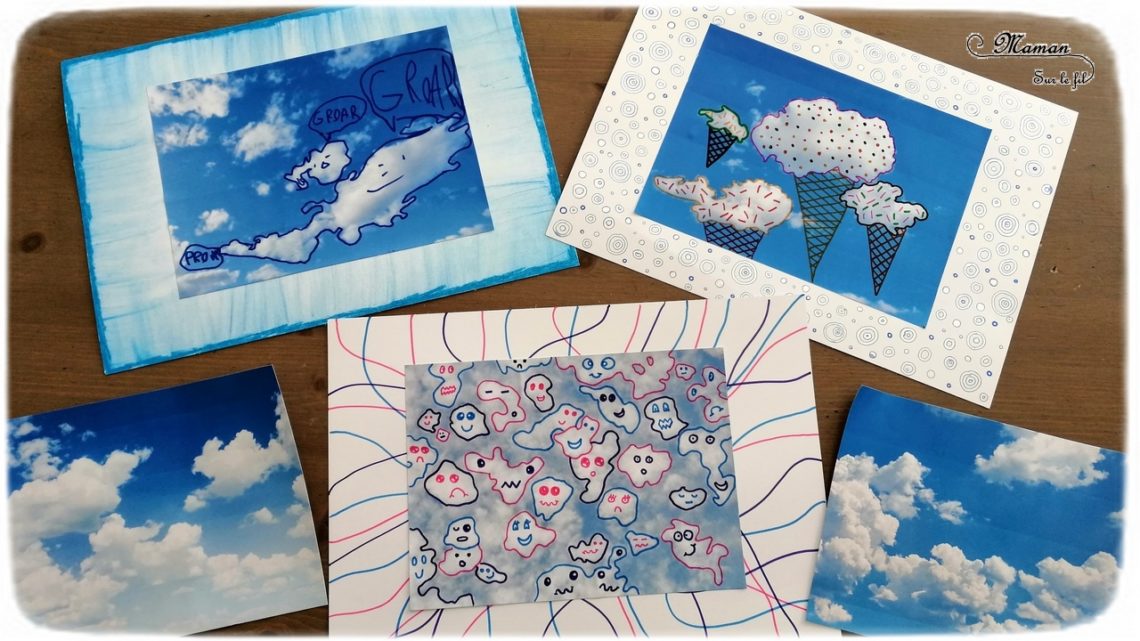 Activité créative enfants - dessiner sur des photos de nuages - imagination et dessin - invitation à créer - cadre en pastel étalé, au feutre et au feutre métallique contour - arts visuels maternelle et élémentaire - mslf