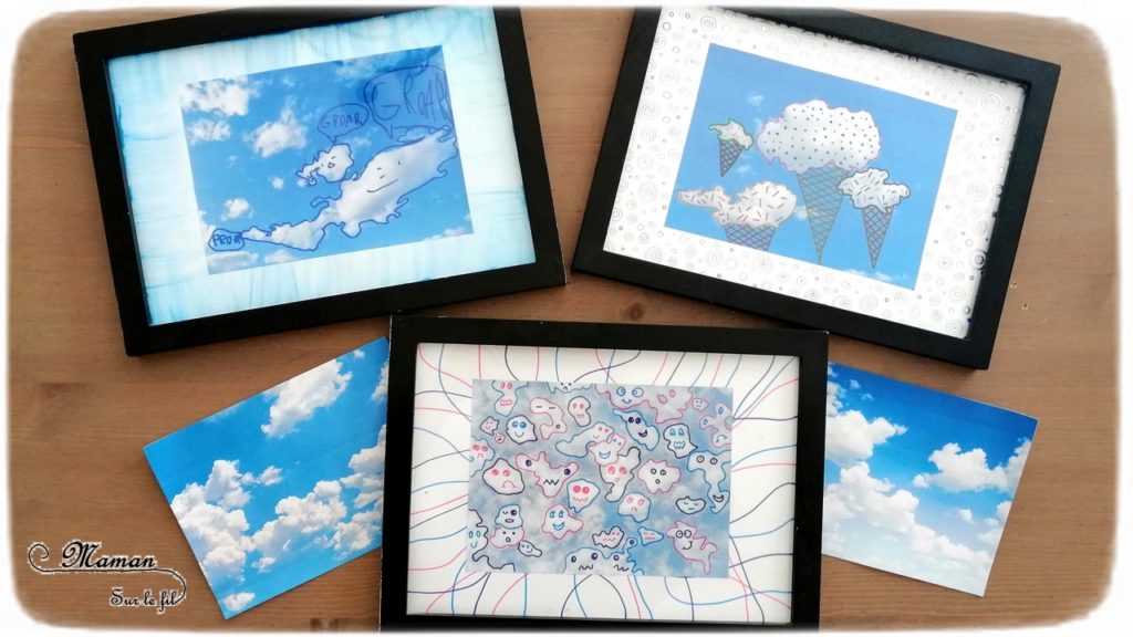 Activité créative enfants - dessiner sur des photos de nuages - imagination et dessin - invitation à créer - cadre en pastel étalé, au feutre et au feutre métallique contour - arts visuels maternelle et élémentaire - mslf