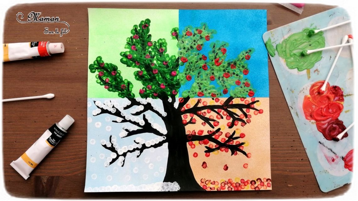 Activité créative enfants - technique de peinture rigolote - Arbre des 4 saisons au coton-tige - Couleurs, Rouleau et masking-tape - Arts visuels - printemps, été, hiver, automne - maternelle - mslf