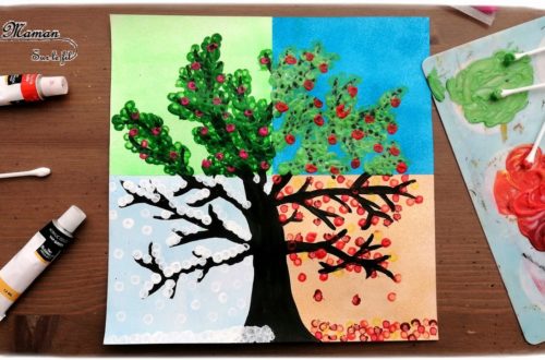 Activité créative enfants - technique de peinture rigolote - Arbre des 4 saisons au coton-tige - Couleurs, Rouleau et masking-tape - Arts visuels - printemps, été, hiver, automne - maternelle - mslf