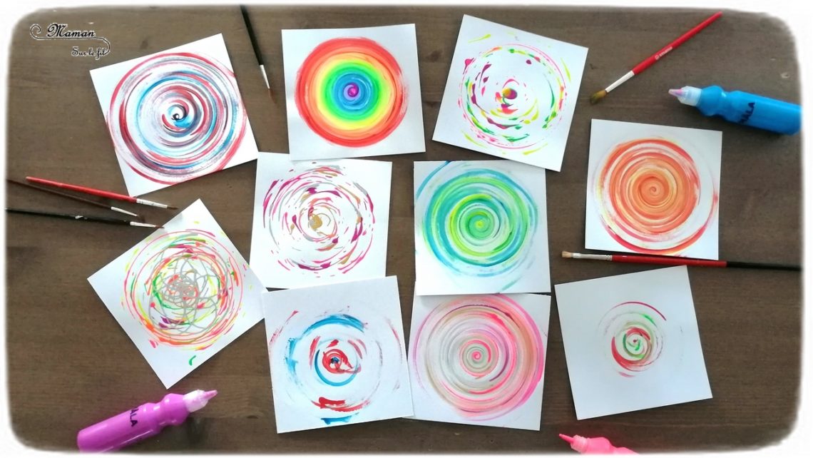 Peindre avec un tour de potier - Le détourner - Peinture, cercles et mélanges de couleurs primaires - Pinceaux et gouttes de peinture - Rotation avec feutre et stylos - activité créative enfants - arc-en-ciel - arts visuels maternelle - mslf