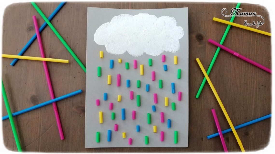 Activité créative enfants - Nuage peint avec un bouchon et pluie multicolore avec des pailles collées - technique de peinture - Météo et ciel - Arts visuels - maternelle - mslf
