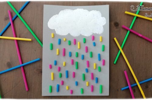 Activité créative enfants - Nuage peint avec un bouchon et pluie multicolore avec des pailles collées - technique de peinture - Météo et ciel - Arts visuels - maternelle - mslf