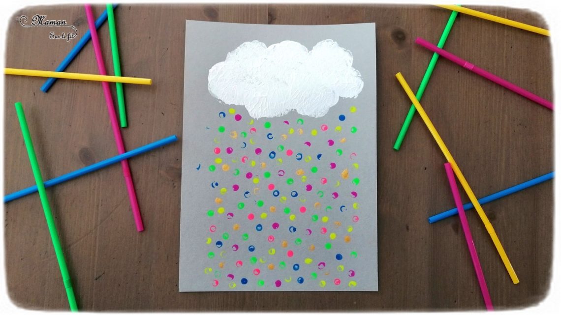 Activité créative enfants - Nuage et pluie multicolore peint avec un bouchon et des pailles - technique de peinture - Météo et ciel - Arts visuels - maternelle - mslf