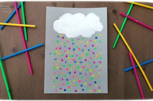 Activité créative enfants - Nuage et pluie multicolore peint avec un bouchon et des pailles - technique de peinture - Météo et ciel - Arts visuels - maternelle - mslf