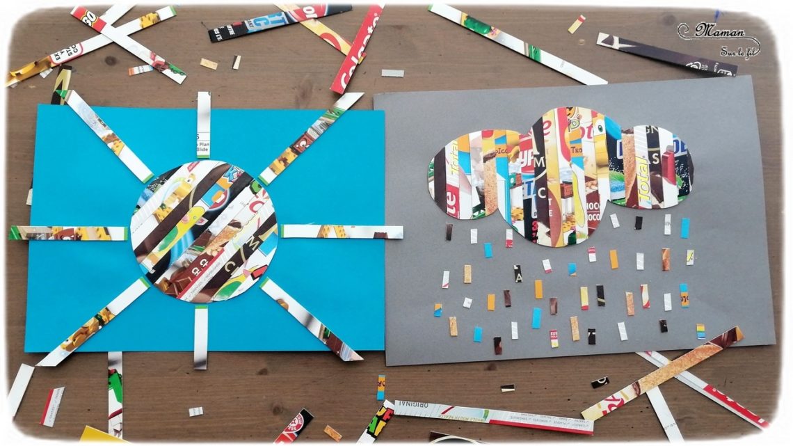 Activité créative enfants - Nuage, pluie et soleil en bandes d'emballage en carton - récup et collage - Météo, ciel et automne - Arts visuels - maternelle - mslf