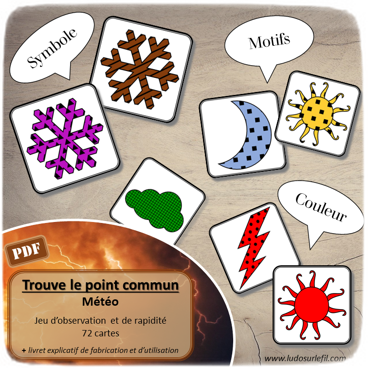 Jeu d'observation et de rapidité sur le thème de la météo et du ciel : 72 Cartes dont il faut trouver le point commun (motifs, couleurs, symboles) - vocabulaire - jeu à télécharger et à imprimer - lslf