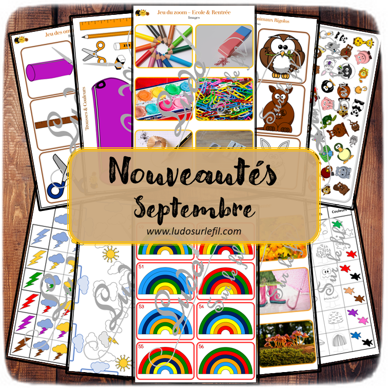 Nouveautés de septembre - Boutique en ligne Ludo sur le fil - fichiers jeux pdf à imprimer - Ecole, rentrée, animaux rigolos, météo et ciel, automne et halloween - mslf