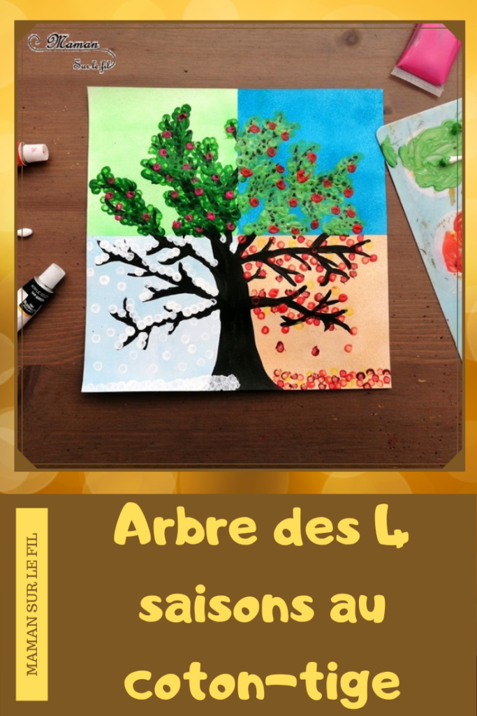 Activité créative enfants - technique de peinture rigolote - Arbre des 4 saisons au coton-tige - Couleurs, Rouleau et masking-tape - Arts visuels - printemps, été, hiver, automne - maternelle - mslf