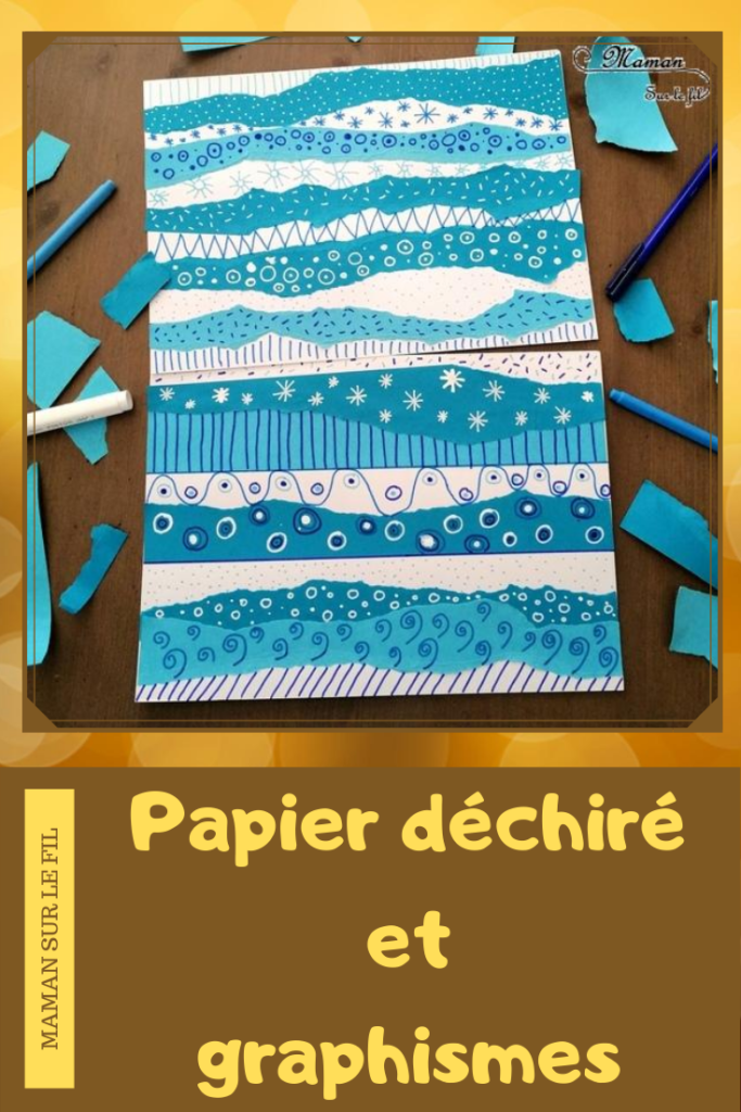 Activité créative enfants - Nuages avec papier déchiré et graphisme - arts visuels maternelle - tableau avec nuances de couleurs Blanc et Bleu - météo et dessin - mslf