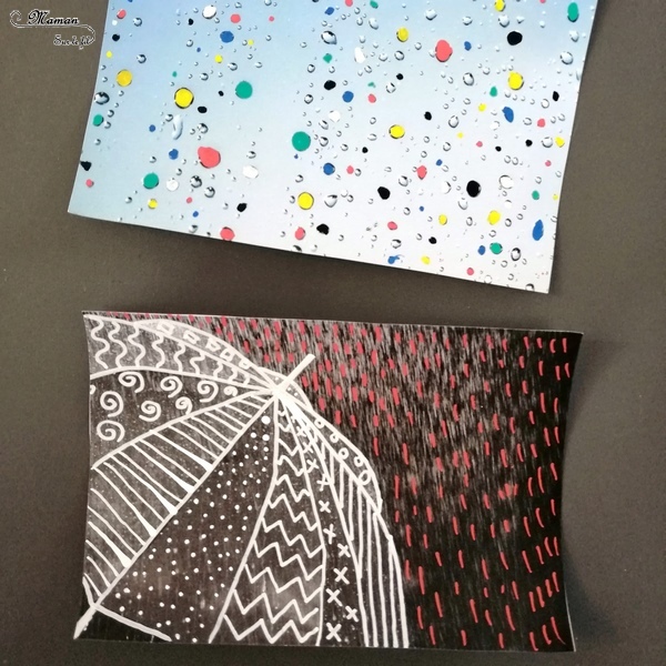 Activité créative enfants - Décorer et mettre la pluie en couleur sur des photos - Travailler le graphisme et le dessin - Pluie multicolore, météo et automne - Arts visuels - maternelle - mslf