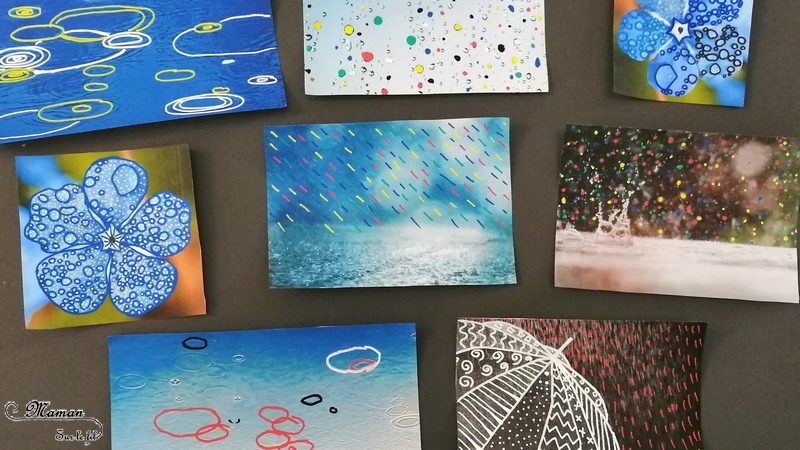 Activité créative enfants - Décorer et mettre la pluie en couleur sur des photos - Travailler le graphisme et le dessin - Pluie multicolore, météo et automne - Arts visuels - maternelle - mslf