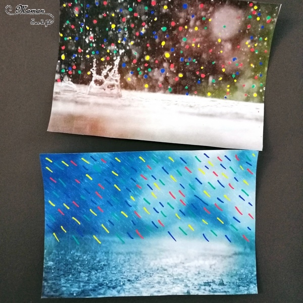 Activité créative enfants - Décorer et mettre la pluie en couleur sur des photos - Travailler le graphisme et le dessin - Pluie multicolore, météo et automne - Arts visuels - maternelle - mslf