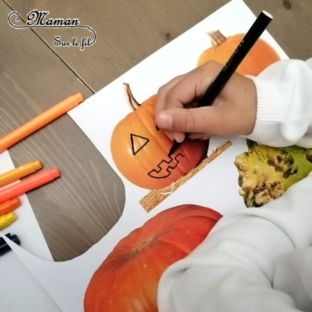 Activité créative enfants - Décorer des photos de citrouilles - Travailler le graphisme et le dessin - Découpage - Guirlande entre Automne et Halloween - Arts visuels - maternelle - mslf