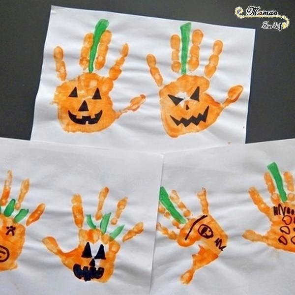 Créer des citrouilles d'Halloween avec des empreintes de main - Peinture et dessin - Activité créative enfants - Automne et Halloween - Récup et Nature - Décoration Halloween - Arts visuels - maternelle - mslf