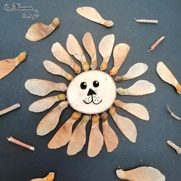 Land Art d'automne - Art éphémère avec des feuilles mortes, des samares, des rondins de bois, des batons - Lion, hérisson, soleil, étoile - activité créative enfants - Arts visuels et créativité maternelle - mslf