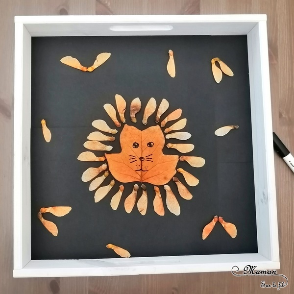 Land Art d'automne - Art éphémère avec des feuilles mortes, des samares, des rondins de bois, des batons - Lion, hérisson, soleil, étoile - activité créative enfants - Arts visuels et créativité maternelle - mslf