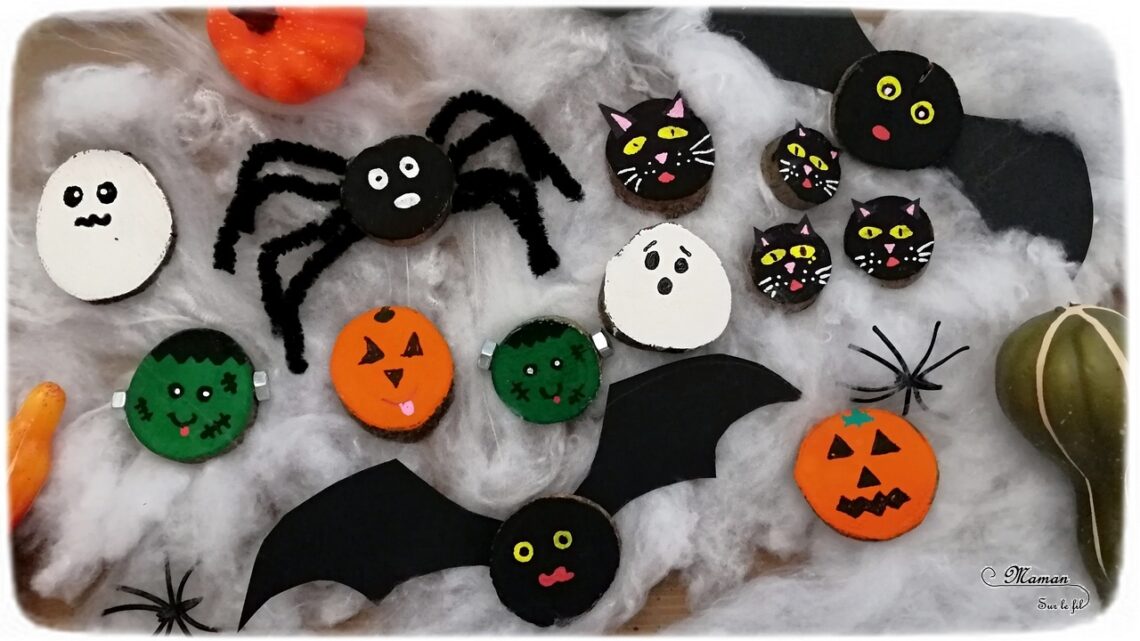 Nos rondins de bois d'Halloween - Créer des citrouilles, des fantômes, des chauve-souris, des araignées, des Frankenstein et des chats noirs en rondin de bois et peinture - Bricolage et DIY - Activité manuelle et créative enfants - Automne et Halloween - Récup et Nature - Décoration Halloween - Arts visuels - maternelle - mslf