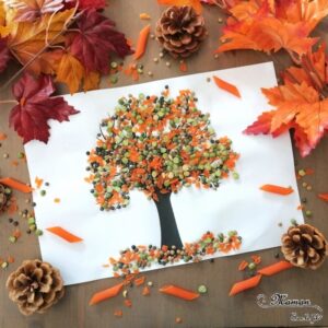 Activité enfant - Arbre d'automne en lntilles et pâtes corail - créative et manuelle - collage et motricité fine - Arts visuels maternelle - mslf