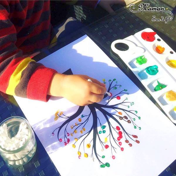 Activité enfant - Arbre automne avec des cotons-tiges - Peinture au coton-tige - créative et manuelle - pointillisme - Arts visuels maternelle - mslf