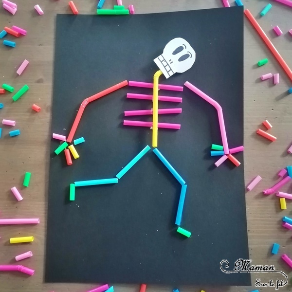 Créer un squelette avec des pailles - Halloween et Recup - Découpage et collage - couleurs - Activité créative enfants - Décoration Halloween - Arts visuels - maternelle - mslf