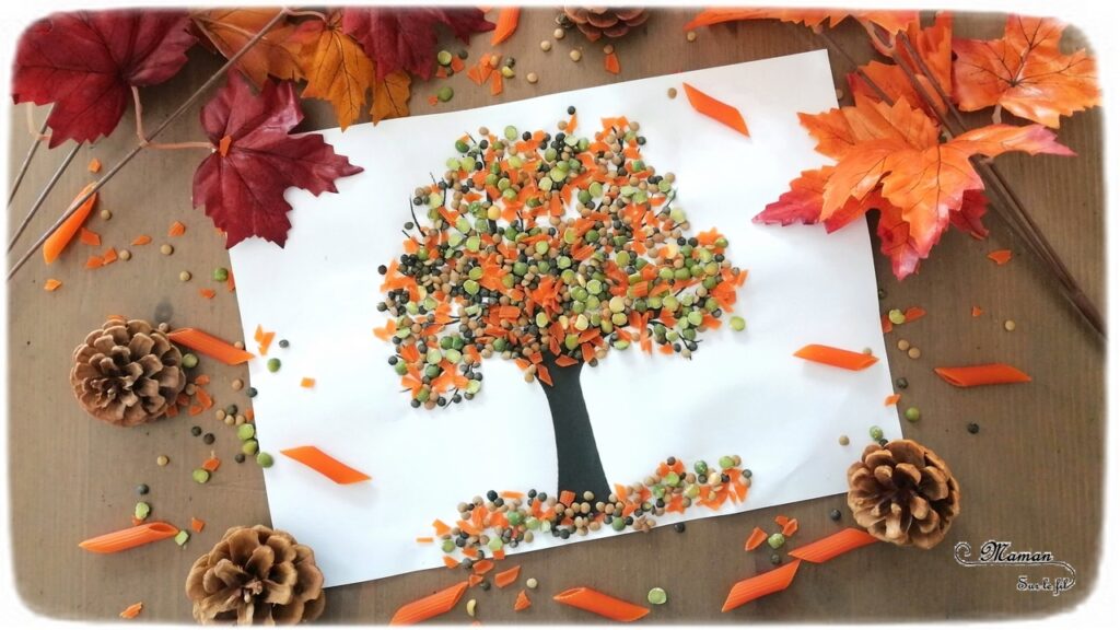 Activité enfant - Arbre automne en lentilles et pâtes corail - créative et manuelle - collage et motricité fine - Arts visuels maternelle - mslf