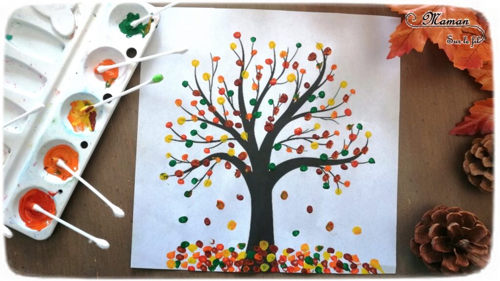 Activité enfant - Arbre automne avec des cotons-tiges - Peinture au coton-tige - créative et manuelle - pointillisme - Arts visuels maternelle - mslf