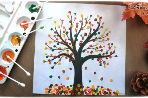 Activité enfant - Arbre automne avec des cotons-tiges - Peinture au coton-tige - créative et manuelle - pointillisme - Arts visuels maternelle - mslf