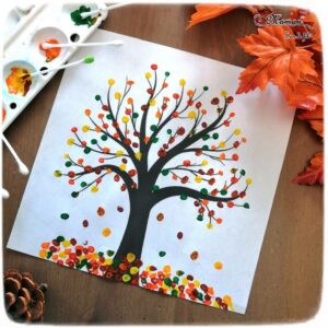 Activité enfant - Arbre automne avec des cotons-tiges - Peinture au coton-tige - créative et manuelle - pointillisme - Arts visuels maternelle - mslf