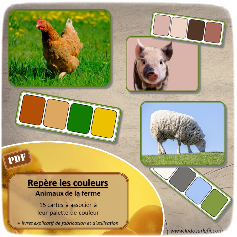 Jeu repère les couleurs - Animaux de la ferme - photos / cartes à associer aux palettes de 4 couleurs - à télécharger et à imprimer - atelier autocorrectif maternelle ou cycle 2 - observation, déduction, logique, discrimination visuelle, vocabulaire et lexique - lslf