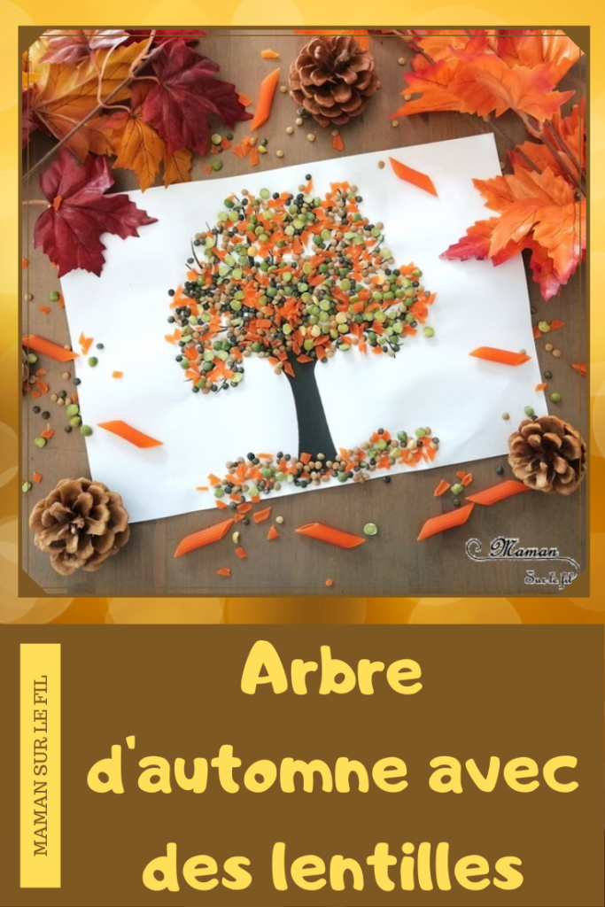 Activité enfant - Arbre automne en lentilles et pâtes corail - créative et manuelle - collage et motricité fine - Arts visuels maternelle - mslf