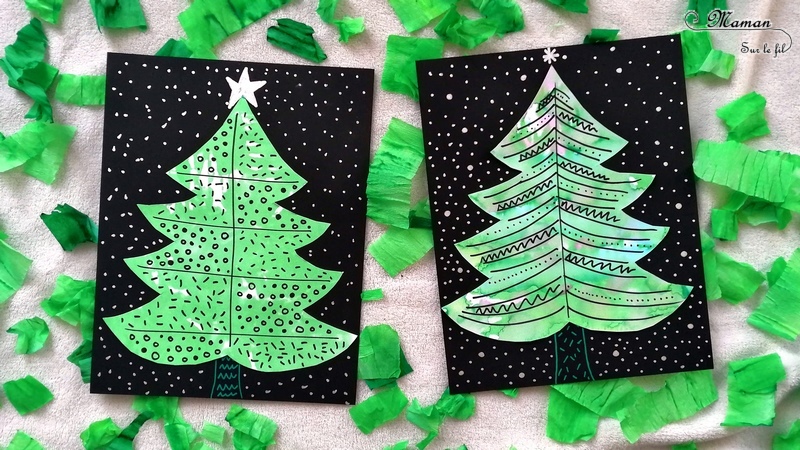 Activité manuelle enfant - Sapins graphiques en peinture au papier crépon vert - Déchirer, poser et mouiller - graphisme - activité créative libre - Décorer le sapin - Arts visuels maternelle Noël et Hiver - mslf