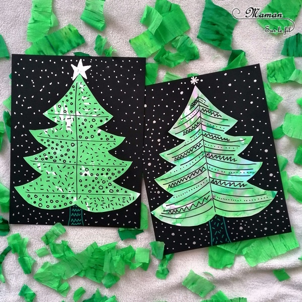 Activité manuelle enfant - Sapins graphiques en peinture au papier crépon vert - Déchirer, poser et mouiller - graphisme - activité créative libre - Décorer le sapin - Arts visuels maternelle Noël et Hiver - mslf