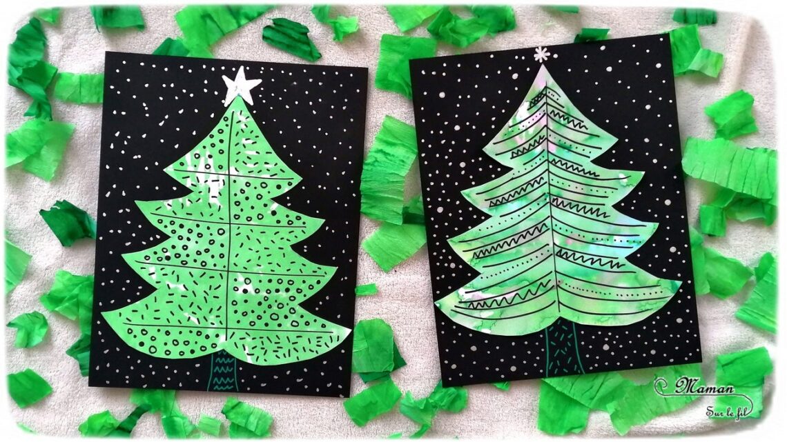 Activité manuelle enfant - Sapins graphiques en peinture au papier crépon vert - Déchirer, poser et mouiller - graphisme - activité créative libre - Décorer le sapin - Arts visuels maternelle Noël et Hiver - mslf