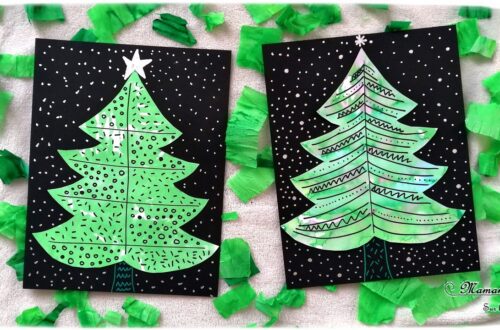 Activité manuelle enfant - Sapins graphiques en peinture au papier crépon vert - Déchirer, poser et mouiller - graphisme - activité créative libre - Décorer le sapin - Arts visuels maternelle Noël et Hiver - mslf