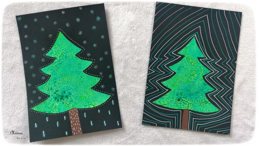 Activité enfant - Sapins avec encre et gros sel - Peinture, découpage, collage, graphisme - créative et manuelle - Arts visuels maternelle Noël et Hiver - mslf