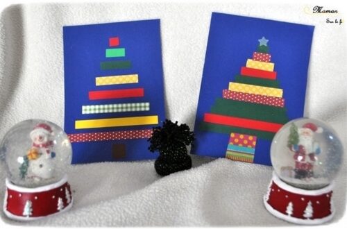 Activité enfants - cartes de voeux fait maison - DIY - Sapins en masking tape ou bandes de papier - tri par taille - maitresses ou famille - à offrir - noël - arts visuels maternelle fêtes de fin année - mslf