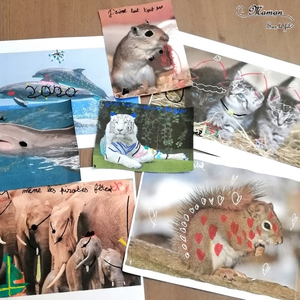 Activité créative enfants - Décorer et dessiner sur des photos d'animaux pour créer une carte de voeux DIY pour les maitresses - Travailler le graphisme et le dessin en s'amusant - imagination, simplicité et humour - Fait Maison - Joyeux noël bonnes fêtes - Arts visuels - maternelle et élémentaire - mslf