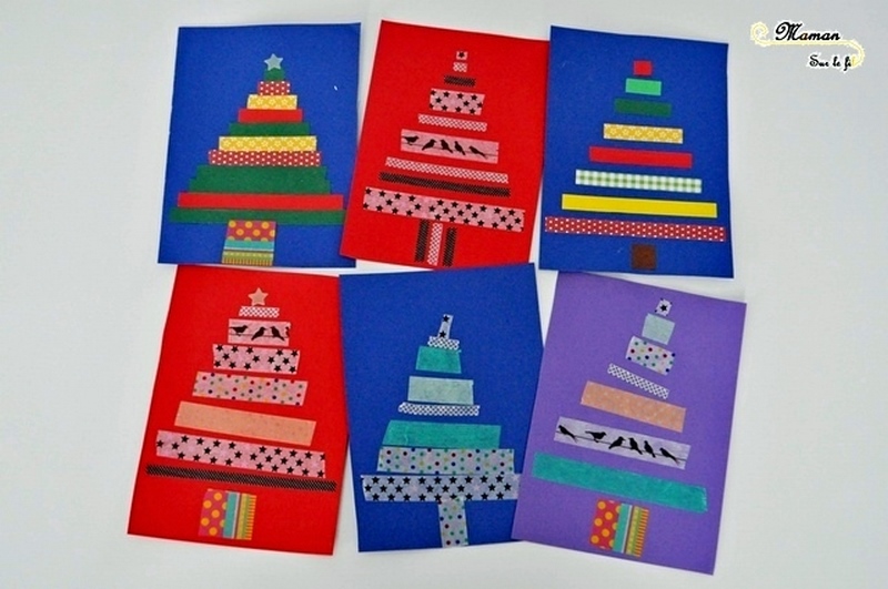 Activité enfants - cartes de voeux fait maison - DIY - Sapins en masking tape ou bandes de papier - tri par taille - maitresses ou famille - à offrir - noël - arts visuels maternelle fêtes de fin année - mslf